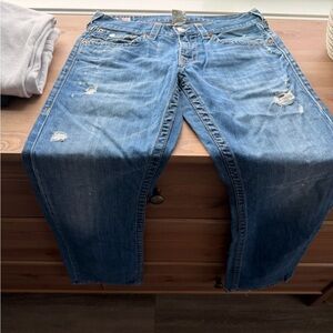 True Religion Men's Straight Jeans - Medium Blue Distressed